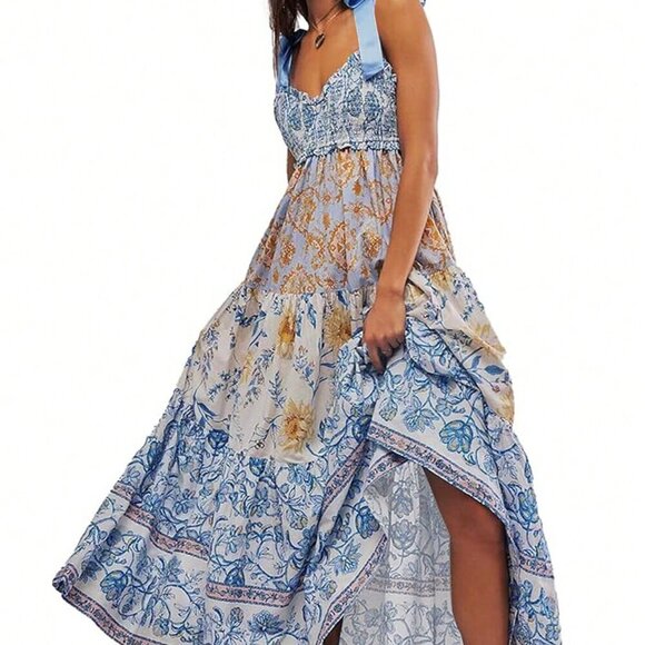 Multicolor Casual Women's Floral Print Lace-Up Spaghetti Strap Pleated Dress - Picture 2 of 6